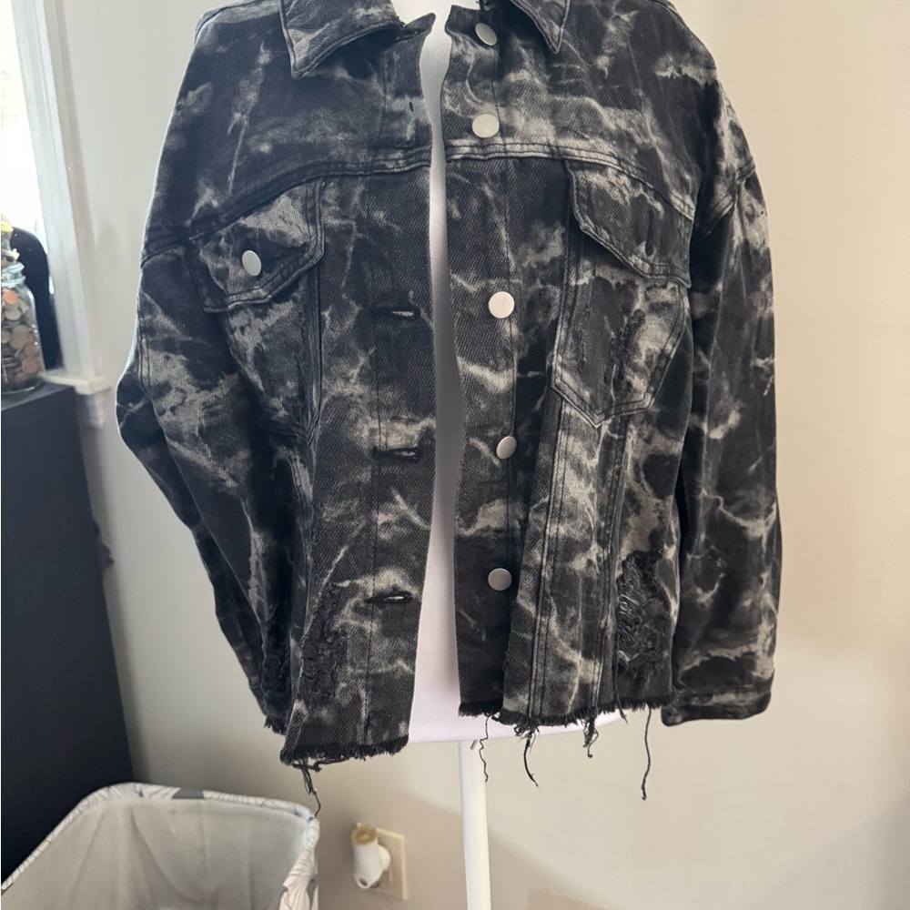 Black and Gray Tie-Dye Denim Jacket